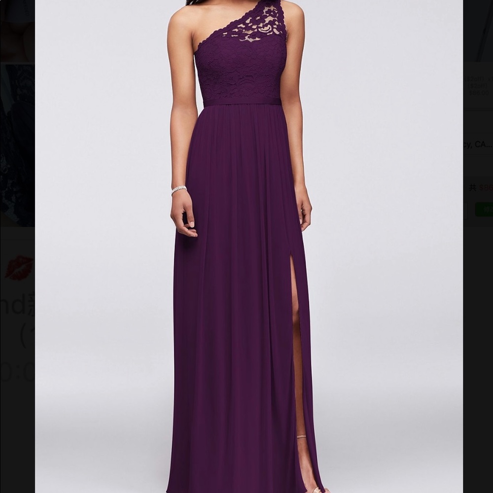 David's Bridal One Shoulder Lace Plum Dress US6